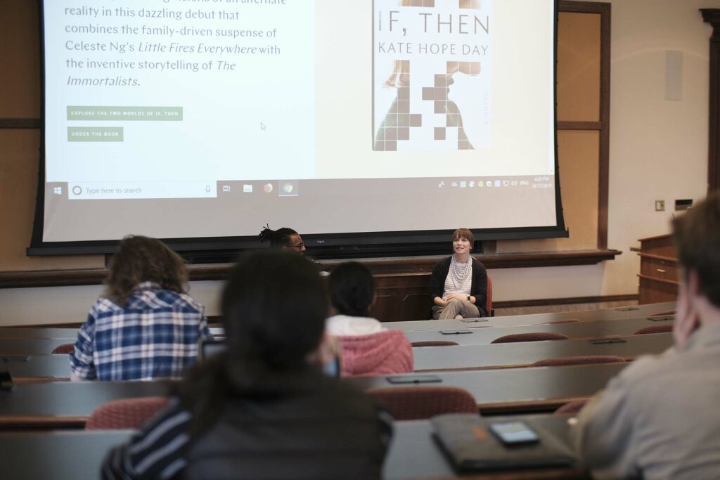 Kate Hope Day discusses writing with faculty, students, and guests in Kirby Hall of Civil Rights