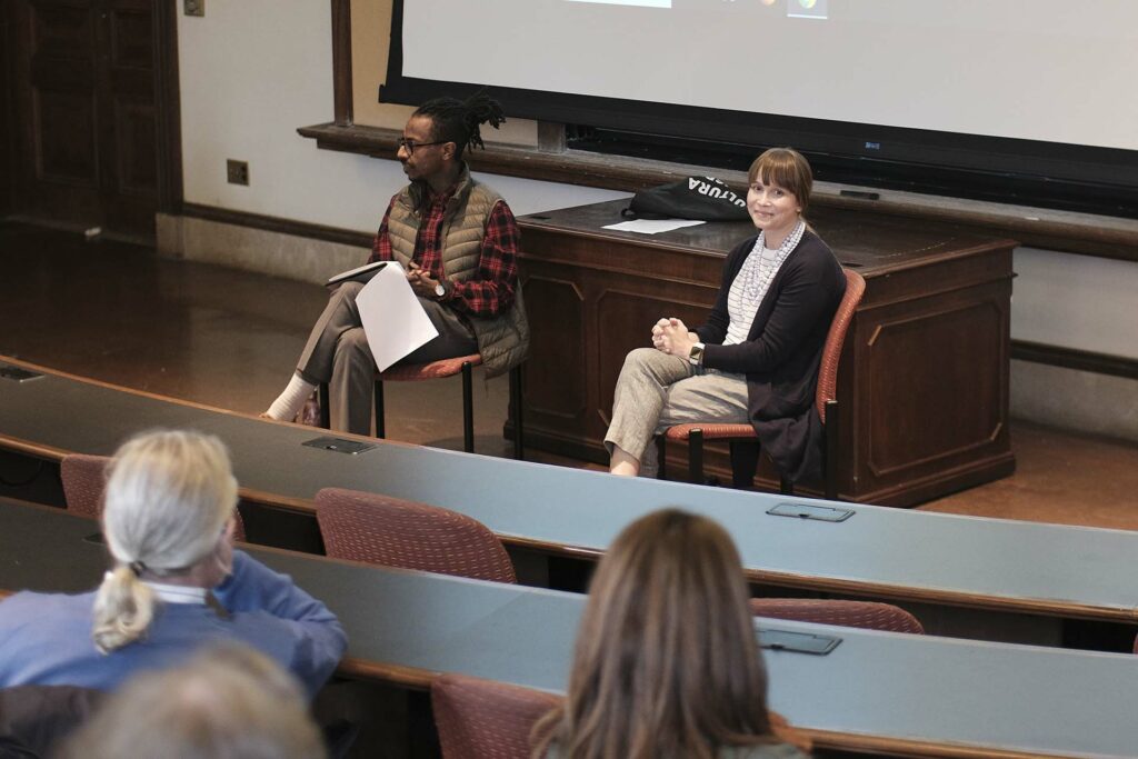 Kate Hope Day discusses writing with faculty, students, and guests in Kirby Hall of Civil Rights