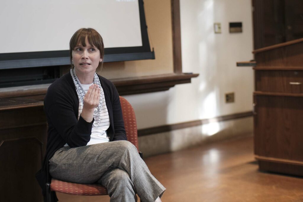 Kate Hope Day discusses writing with faculty, students, and guests in Kirby Hall of Civil Rights