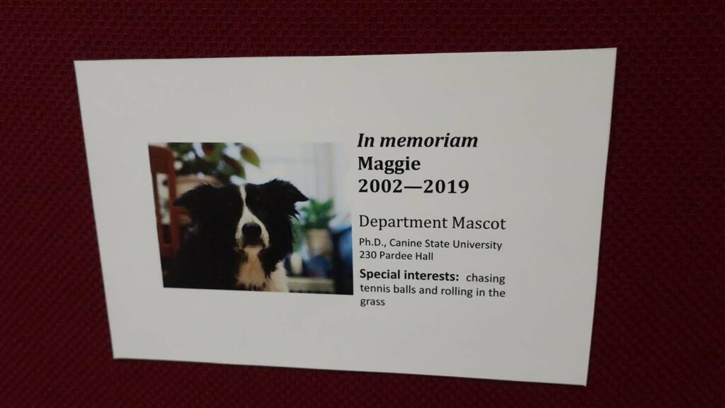 In Memoriam Maggie tribute sign hangs in the math department hallway