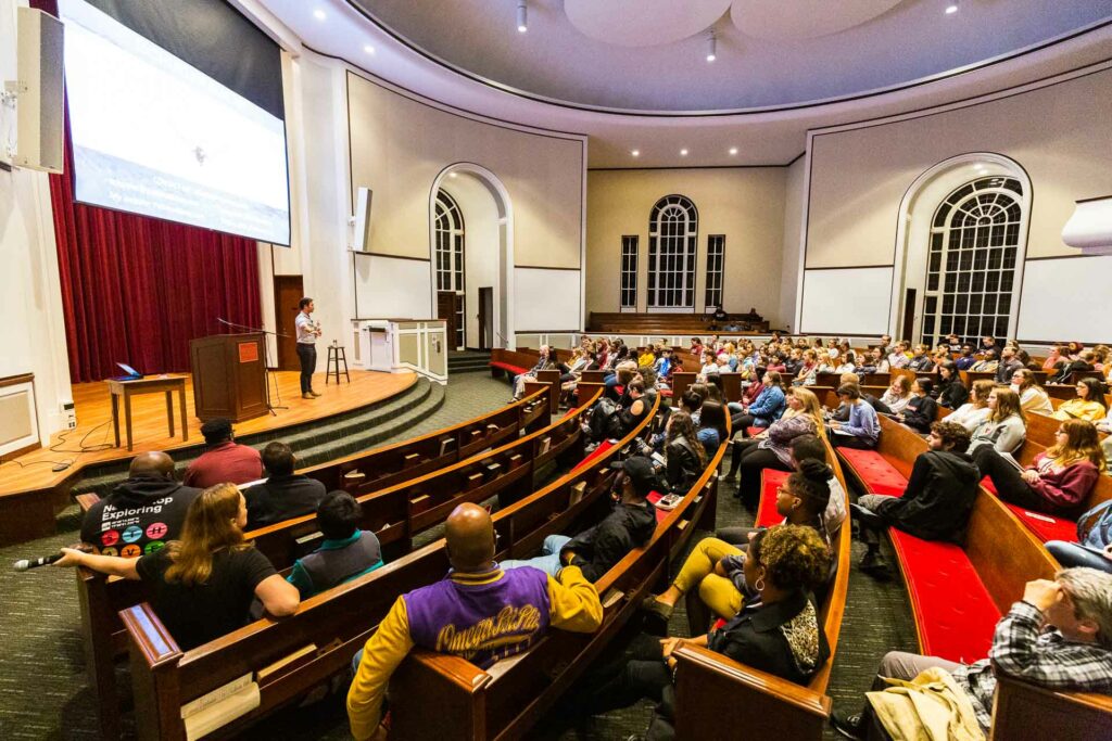 Schuyler Bailar speaks to the audience at Lafayette College's Colton Chapel.