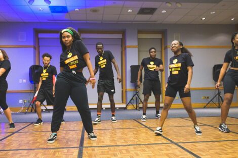 A group of students dance at the AfroCaribbean Showcase