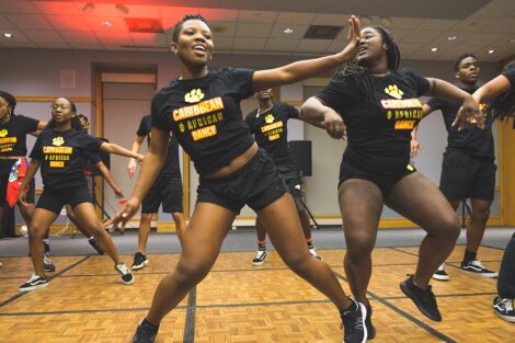 A group of students dance at the AfroCaribbean Showcase
