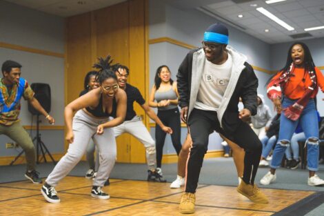 A group of students dance at the AfroCaribbean Showcase