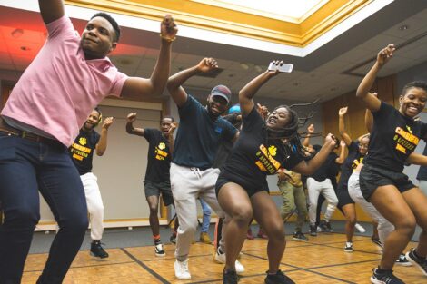 A group of students dance at the AfroCaribbean Showcase