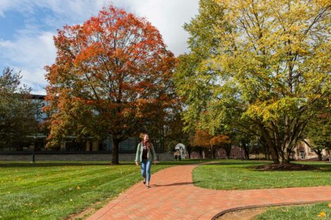 students set against the beautiful oranges and yellows of fall scenery at Lafayette