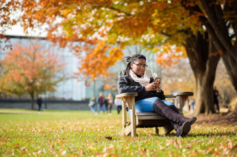 students set against the beautiful oranges and yellows of fall scenery at Lafayette