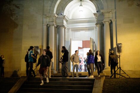 students exiting to go to the vigil in front of colton