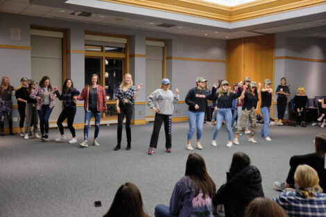 sororities dancing with each other in the marlo room