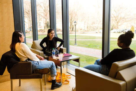 Daisy Mendoza '22, María Padilla '22, and Jordan Mendez '22 take a break from studying to ''scare'' themselves. ''We're one semester from being juniors, then it's almost over!'' says María.