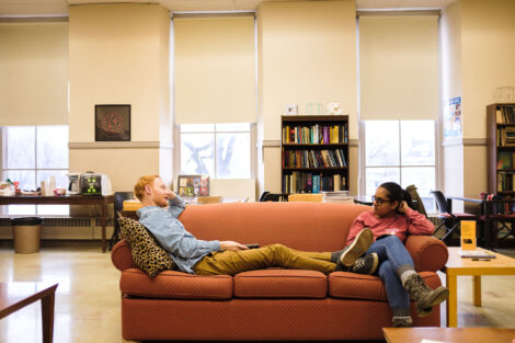 Mike Van Ness '20 and Trisha Agarwal '20 relax for a bit in the math lounge on the second floor of Pardee Hall. Max doesn't have that long because his thesis presentation is in 20 minutes.