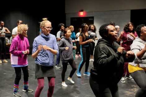 Members of Nobuntu lead students and staff in dancing demonstration