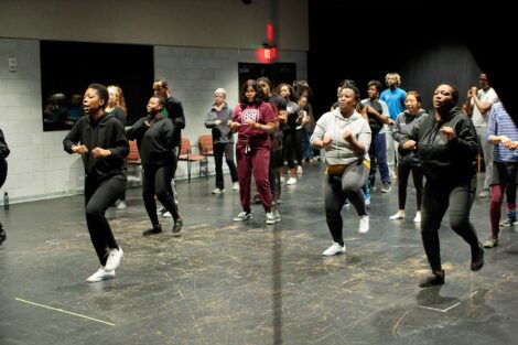 Members of Nobuntu lead students and staff in dancing demonstration