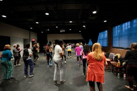 Members of Nobuntu lead students and staff in dancing demonstration