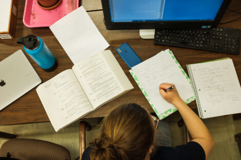 Tara Leininger '22 works on her math homework, the last assignment she has to complete before finals week begins.