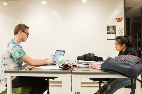 Joe D'Elia '20 puts the finishing touches on his mid-year senior honors thesis report, while Theresa Dao '20 grades papers for her teaching assistant biology class.