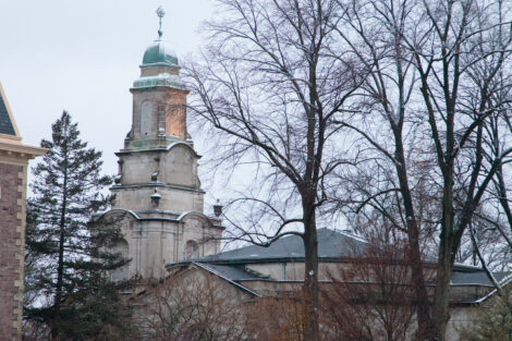 Snow dusts the campus at dusk