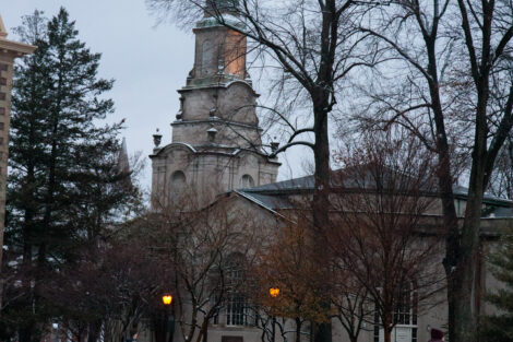 Snow dusts the campus at dusk