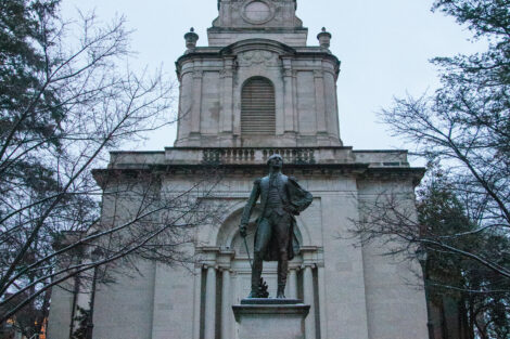Snow dusts the campus at dusk
