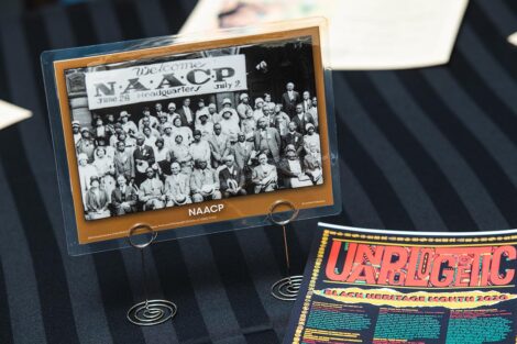 A table top sign for the NAACP Headquarters