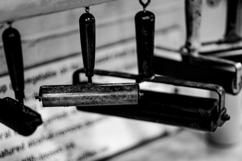 Rollers hanging in the print studio