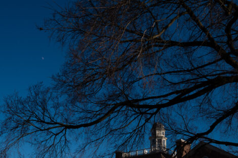 Kirby House visible through the trees in winter