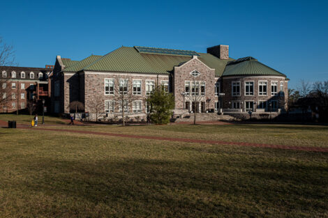 Farinon College Center lit up by the setting sun.
