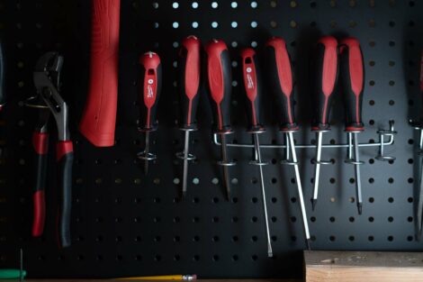 Tools hang on peg board in the Dyer Center Maker Space