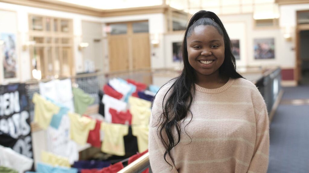 Taija Covey ’23 stands in Farinon Campus Center