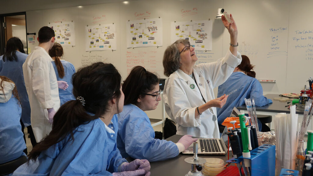 Professor Laurie Caslake conducting research with students in the SEA-PHAGES biology lab