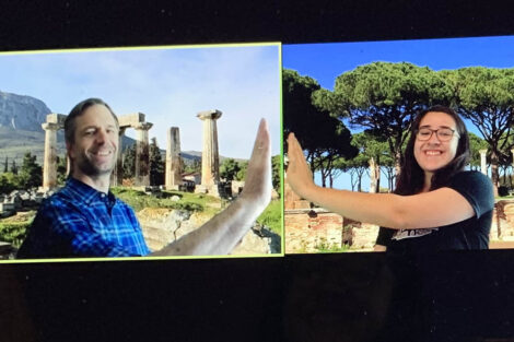 Professor Dubischar and Rosie Rivera ’20 virtually high-five through a Zoom video call