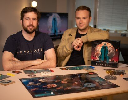 Gregory Dietz ’13 (left) and his business partner Josh Pollack enter the global board game market with SYNDICATE: An Interplanetary Conquest Board Game. 