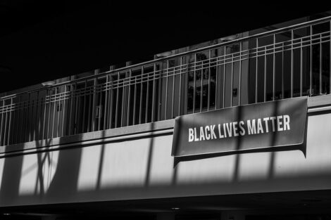 A Black Lives Matter sign inside of Farinon College Center