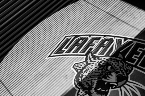 The Lafayette logo on a table inside of Farinon College Center