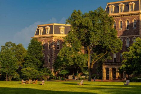 Campus Scenic, Empty Campus, Summer, Pardee Hall, Adirondack Chairs, Empty Quad, trees, Blue Skies, blue skys, Blue, Green Grass, Green
