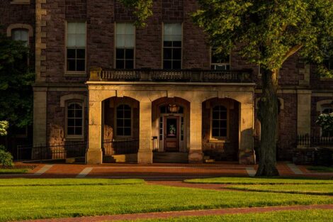 Campus Scenic, Empty Campus, Summer, Pardee Hall, Adirondack Chairs, Empty Quad, trees, Blue Skies, blue skys, Blue, Green Grass, Green