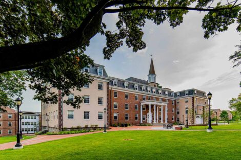 Campus Scenic, Empty Campus, Summer, South College, Green Grass, trees,