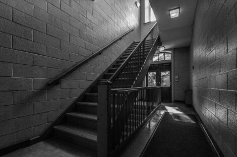 Black and white image of a stairwell in Pardee Hall.
