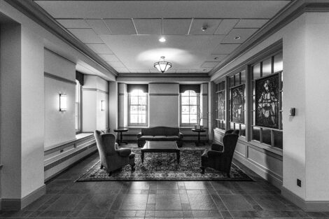 Black and white image of the lobby of Pardee Hall.