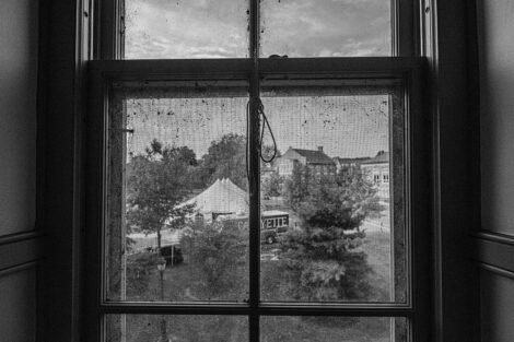 Black and white photograph of the Quad from a window of Pardee Hall