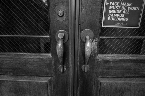 black and white image of a door of Pardee Hall
