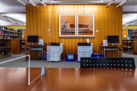 A portrait of a dog hangs above two copiers.