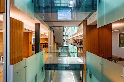 Reflections of glass in Skillman Library