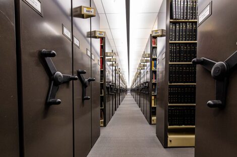 Rows of revolving book cases in Skillman Library