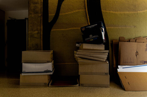 Stacks of cardboard boxes.