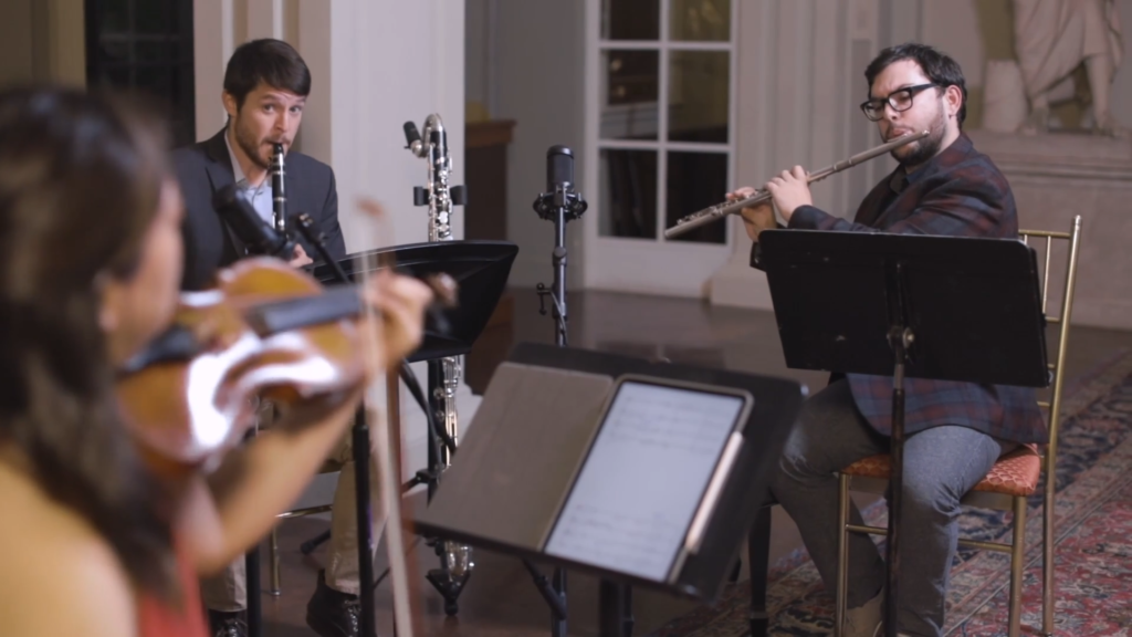 Side view of Hub New Music performing