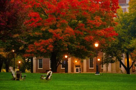empty chairs on the Quad with Pardee in background