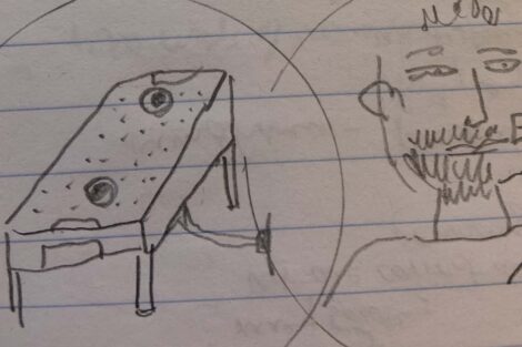 Sketch of air hockey table and man shaving in response to sound/music