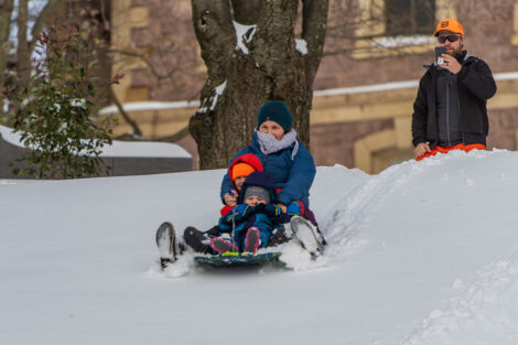 a family sleds down a snowy hill near Pardee Hall
