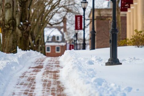 a walkway that has been shoveled from snow in front of Markle Hall